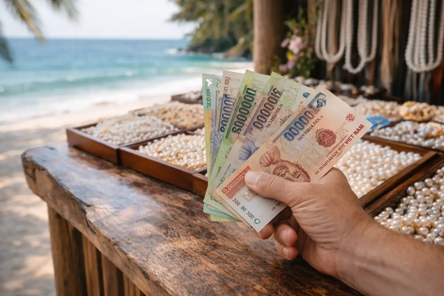 Platba hotově vietnamskými dongy na Phu Quocu během nákupu perel