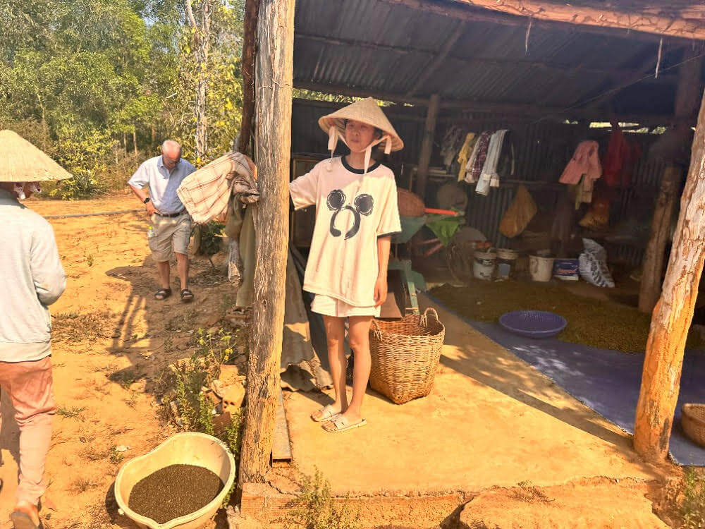 Místní farmáři při zpracování a třídění pepře v zázemí farmy
