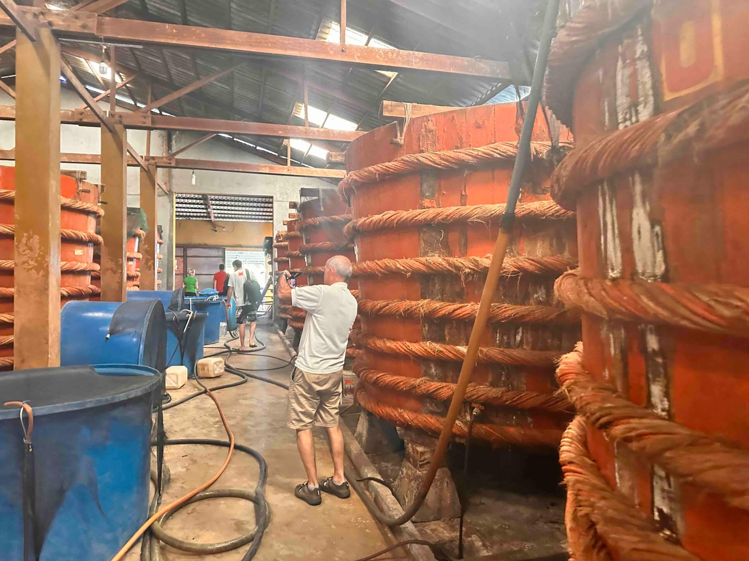 Turista si fotografuje řady dřevěných fermentačních nádob v hale