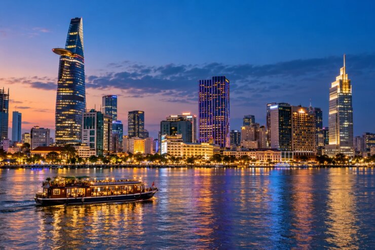 Noční panorama Ho Či Minova Města (Saigonu) a řeky Saigon